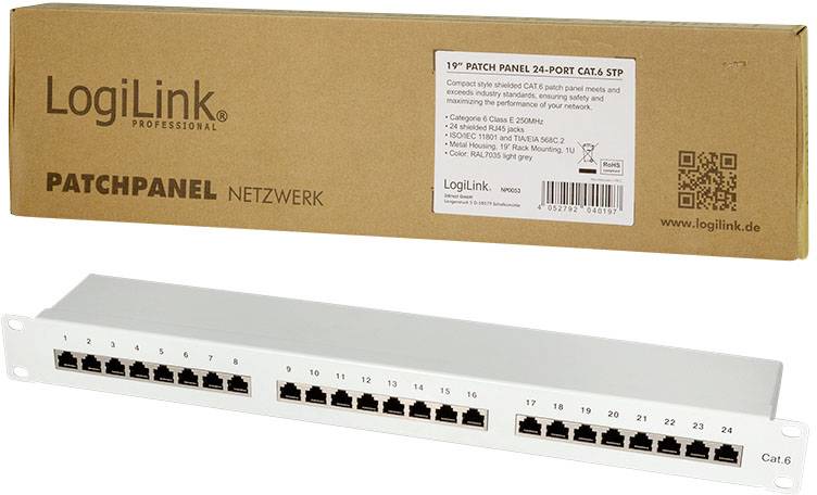 Ein 19-Zoll Patchpanel mit 24 Ports für Cat.6 STP von LogiLink. Es dient zur Netzwerkverkabelung und weist die Ports 1 bis 24 mit Nummern auf.