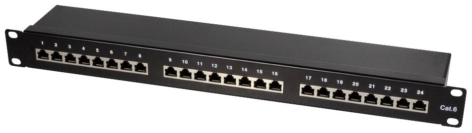 Ein Patchpanel mit 24 Ethernet-Ports, jeweils nummeriert von 1 bis 24, geeignet für Cat.6-Kabel.