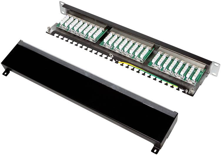 Ein offenes 24-Port-Faseroptik-Patchpanel mit SC-Anschlüssen, gezeigt ohne Abdeckung.