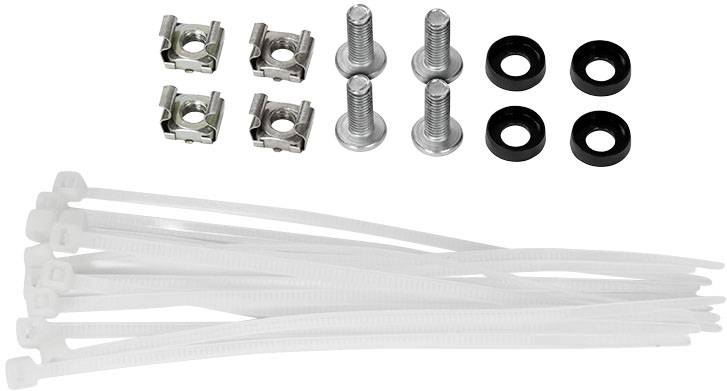 Verschiedene Befestigungsteile: vier Schrauben, vier schwarze Unterlegscheiben, vier Käfigmuttern und mehrere weiße Kabelbinder.