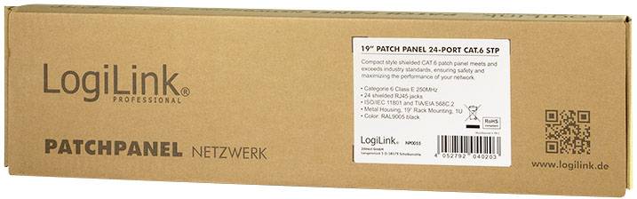 Kartonverpackung eines LogiLink Patchpanels mit 24 CAT6 STP-Ports, geeignet für den Netzwerkaufbau. Aufdruck zeigt Spezifikationen.