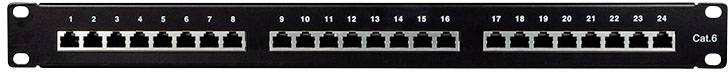 Ein 24-Port-Patchpanel in einer Netzwerkumgebung, zur Verbindung und Organisation von Ethernet-Kabeln.