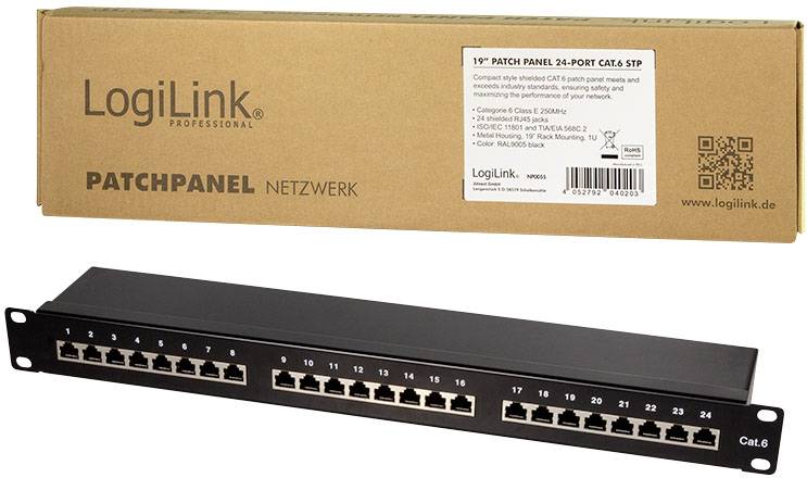 Ein 24-Port-Patchpanel mit Cat.6 Unterstützung, geeignet für Netzwerkinstallationen. Verpackung mit LogiLink Branding im Hintergrund.