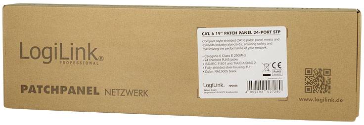 Kartonverpackung für ein LogiLink Patchpanel, Typ CAT.6 19 Zoll 24-Port STP, mit Beschreibungen zu technischen Spezifikationen.