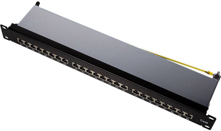 Patchpanel mit 24 Ethernet-Ports zur Netzwerkverwaltung, schwarzes Gehäuse, geeignet zur Wand- oder Rackmontage, Cat6-kompatibel.