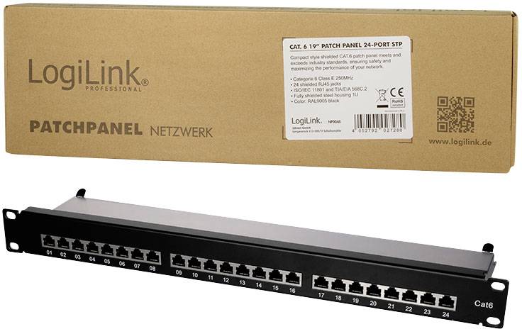 'Patchpanel 24-Port STP' von LogiLink, zeigt Netzwerkanschlüsse. Verpackung betont CAT 6 Norm, geeignet für 19