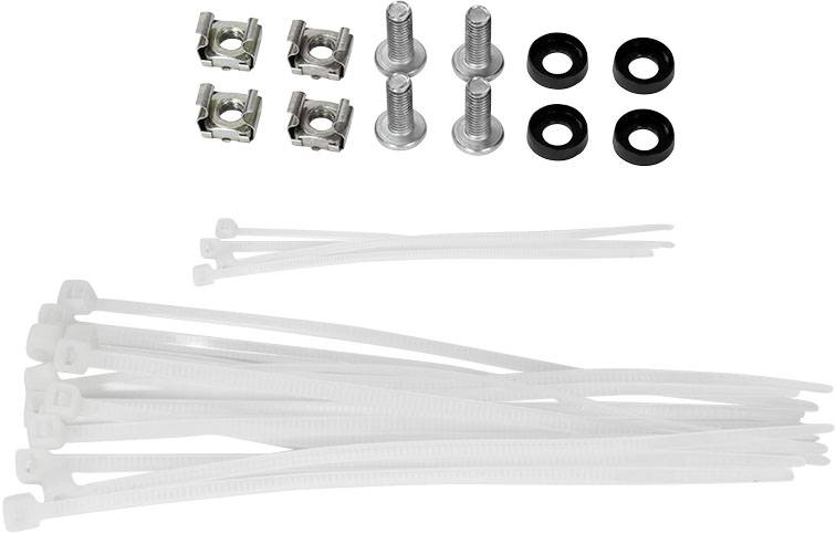 Schrauben, Muttern, Unterlegscheiben und Kabelbinder auf weißem Hintergrund, angeordnet für Werkzeug- oder Reparaturzusammenstellungen.