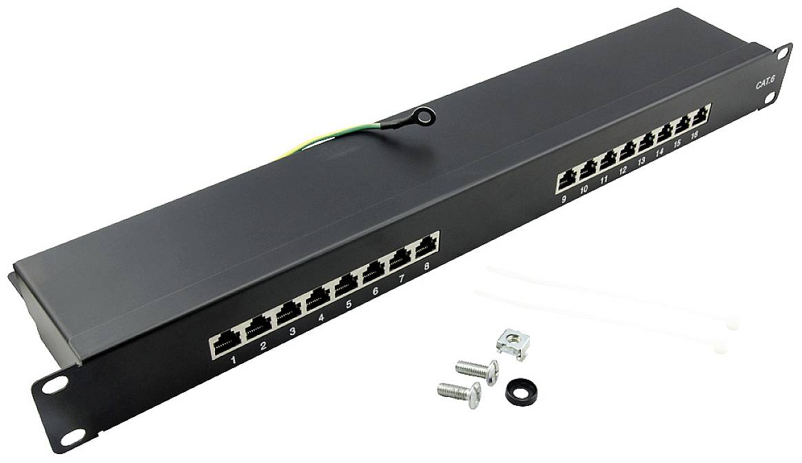 Patchpanel mit 12 Ethernet-Ports, montierbar in einem Server-Rack. Zubehör: Schrauben, Muttern, Kabelbinder und Erdungskabel.