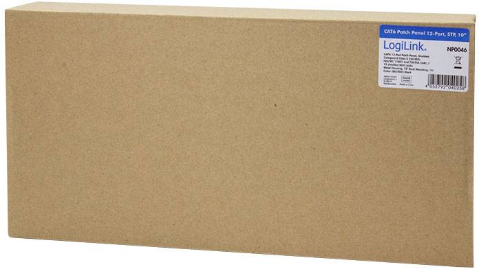 Ein CAT6 Patch Panel in Verpackung, Marke LogiLink, Modell NP0606, beschrieben auf einem Label oben rechts auf der Schachtel.