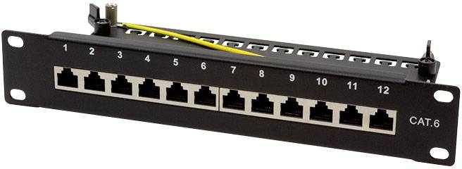 Patchpanel mit 12 RJ-45-Ports, Kategorie 6, für Kabelmanagement in Netzwerken.