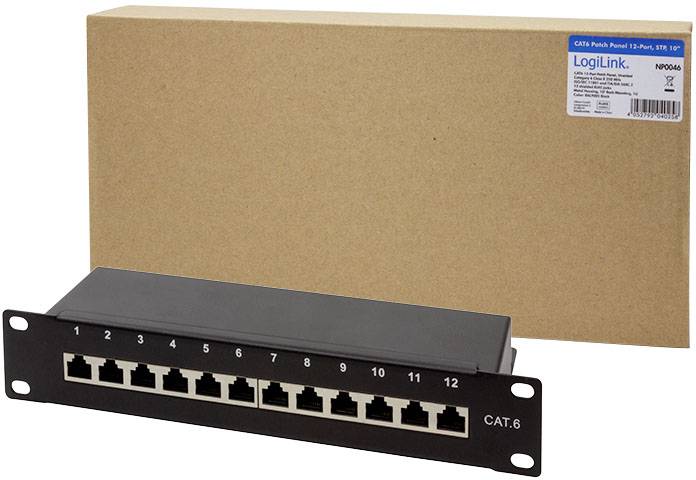 LogiLink Patch Panel mit 12 Ports, CAT.6, liegt vor einem braunen Versandkarton. Produktkennzeichnung oben rechts auf dem Karton.