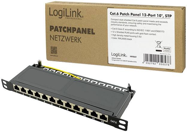 LogiLink NP0069 12 Port Patch-Panel 254 mm (10") CAT 6 0.5 HE