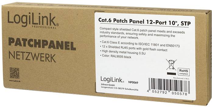 LogiLink NP0069 12 Port Patch-Panel 254 mm (10") CAT 6 0.5 HE