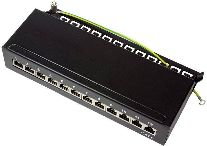 CAT.6 Patchpanel mit 12 Ethernet-Anschlüssen, nummeriert von 1 bis 12, auf schwarzem Gehäuse. Geeignet für Netzwerkverbindungen.