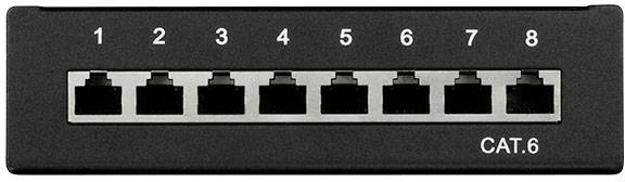 Ein schwarzes CAT.6 Netzwerk-Patchpanel mit acht nummerierten Ethernet-Ports, von 1 bis 8.