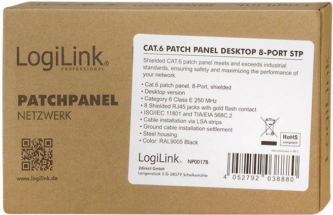 Packung eines CAT.6 Patch Panel Desktop 8-Port STP von LogiLink. Enthält Spezifikationen wie geschirmte RJ45 Buchsen und konformes Design.
