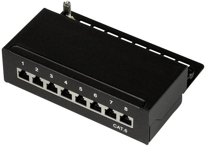 Ein schwarzes CAT.6-Netzwerk-Patchpanel mit acht nummerierten Ethernet-Anschlüssen von 1 bis 8.