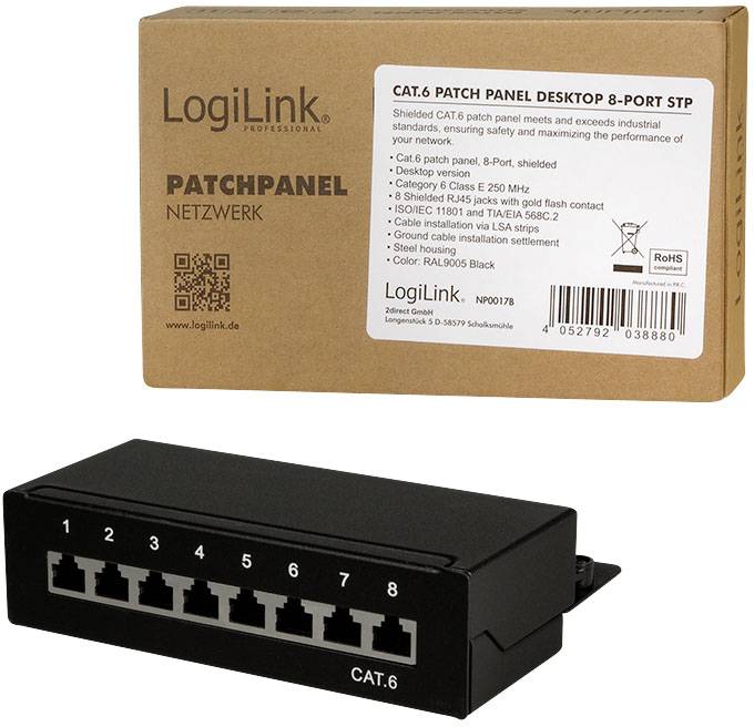 'LogiLink CAT.6 Patchpanel' mit 8 Ports für Netzwerkkabel. Ideal für den Desktop-Gebrauch, schwarz, inklusive Verpackung mit Modellinformationen.
