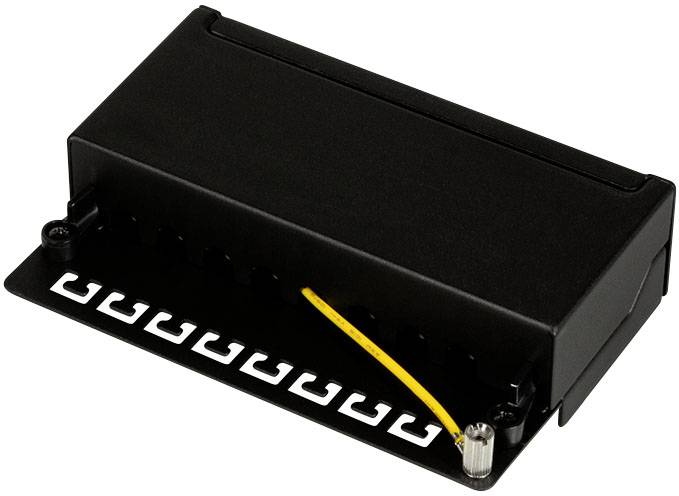 Schwarzer Gitarren-Stegtonabnehmer mit gelbem Kabel und zwölf kleinen Stegen zur Saitenführung, Seitenansicht.