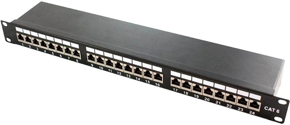 Patchpanel mit 24 Ethernet-Ports, beschriftet von 1 bis 24, geeignet für CAT 6 Netzwerkkabel, zur Verwendung in Server-Racks.