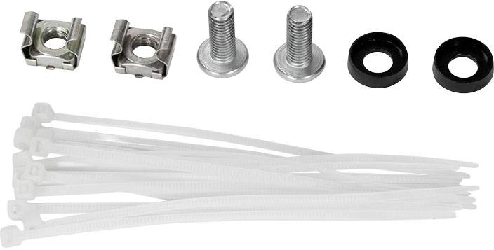 Verschiedene Befestigungselemente: zwei Käfigmuttern, zwei Schrauben, zwei Unterlegscheiben und mehrere weiße Kabelbinder.