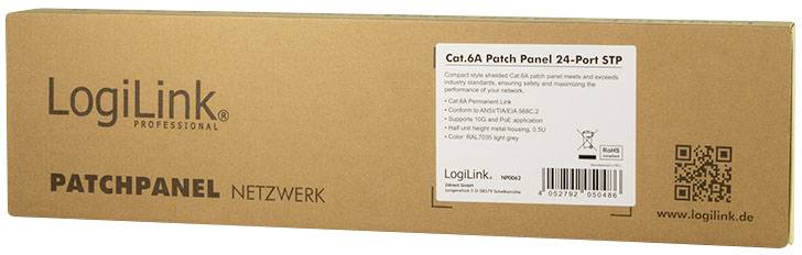 Rechteckiger Karton von LogiLink für ein Cat.6A Patch Panel, 24-Port STP. Enthält technische Details und Verweise auf www.logilink.de.