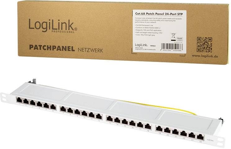 'Cat.6A Patch Panel 24-Port STP' von LogiLink. Zeigt ein Netzwerk-Patchpanel mit 24 Anschlüssen in Kartonverpackung.