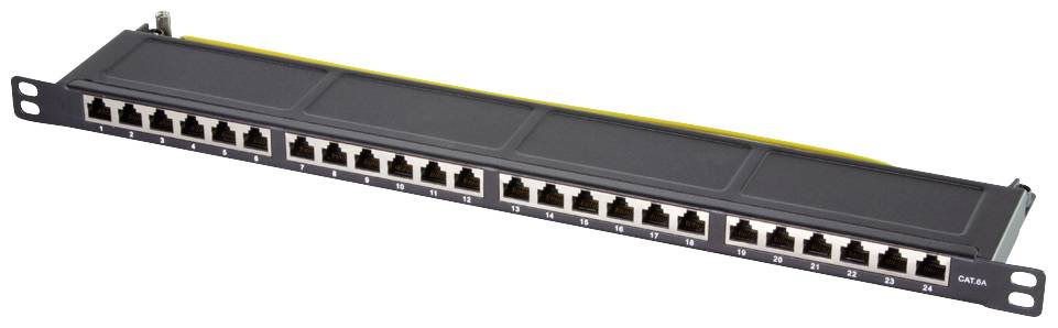 Ein 24-Port-Patchpanel mit RJ45-Anschlüssen, das in einem Netzwerk-Rack montiert werden kann. Geeignet für die Organisation von Netzwerkkabeln.