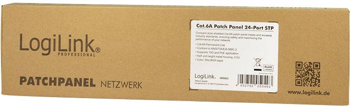 Ein brauner Karton mit der Aufschrift 'LogiLink Patchpanel Netzwerk'. Ein Etikett beschreibt das Cat6A Patch Panel mit 24 Ports STP.