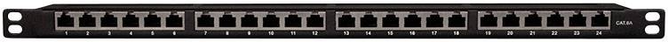 Ein Netzwerk-Patchpanel mit 24 Ethernet-Ports zur Organisation und Verbindung von Netzwerkkabeln in einem Rackmontage-System.