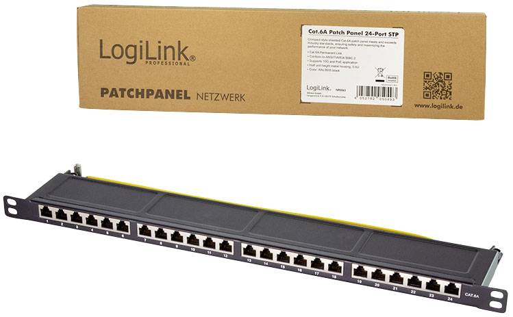 'LogiLink Cat.6A Patch Panel 24-Port' und Verpackung. Schwarzes Panel mit 24 Ethernet-Ports für Netzwerkverbindungen, professionell.