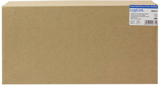 Kartonverpackung mit einem Etikett der Marke 'LogiLink', welches 'CAT6A Patch Panel 12 Port, Shielded' beschreibt.