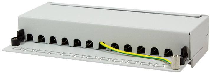 Ein graues elektrisches Verteilergehäuse mit acht Anschlüssen und einem gelb-grünen Erdkabel, seitlich auf einer Montageplatte befestigt.