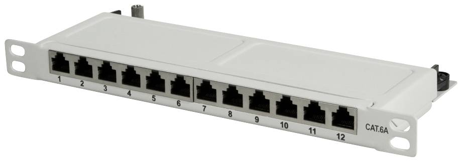 Ein Netzwerk-Patchpanel mit 12 nummerierten Ethernet-Ports in einem weißen Gehäuse.