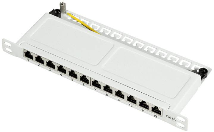 Netzwerk-Patchpanel mit 12 RJ45-Anschlüssen zur Organisation und Verwaltung von Ethernet-Kabelverbindungen in einem Netzwerk-Rack.