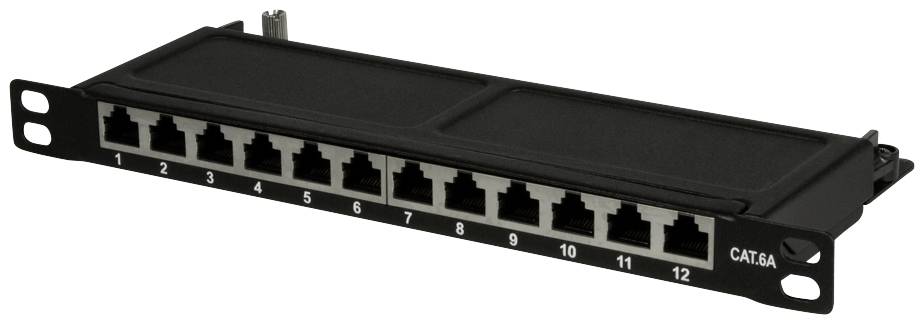 Patchpanel mit 12 RJ45-Anschlüssen, nummeriert 1 bis 12, auf einer Metallhalterung, geeignet für CAT 6A Kabelverbindungen.