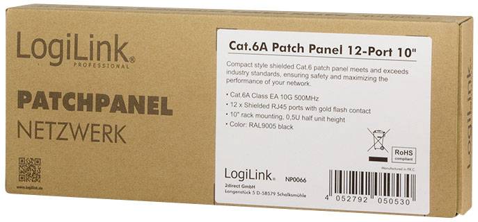 Kartonverpackung eines LogiLink Patchpanels mit Cat.6A 12-Port. Beschriftungen über technische Spezifikationen und Zertifikationen.