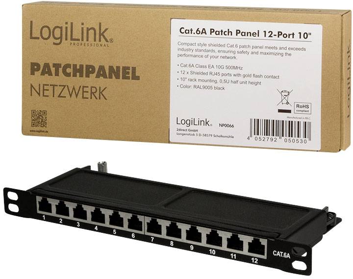 Patchpanel Cat.6A Netzwerkschalter: 12 Ports, geschirmt, RJ45, geeignet für hohe Geschwindigkeiten und Zuverlässigkeit.