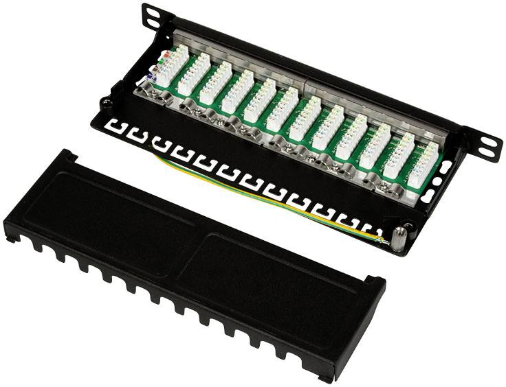 Ein geöffnetes Glasfaser-Patchpanel mit 12 grünen Anschlussports und einer schwarzen Abdeckung daneben. Geeignet für Netzwerkverbindungen.