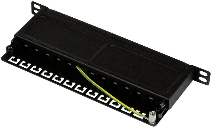 Metallisches 12-Port-Patchfeld mit schwarzen Frontplatten und Kabelmanagement für Netzwerkinstallationen.