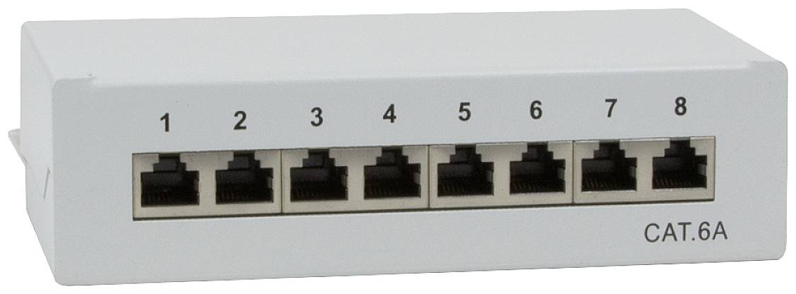 Ein CAT.6A Netzwerkverteiler mit acht nummerierten Ethernet-Ports, geeignet für die Verbindung mehrerer Geräte in einem lokalen Netzwerk.