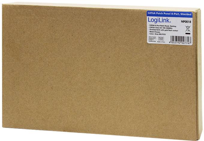 Ein brauner Karton mit einem Etikett der Marke 'LogiLink', das ein Cat6A Patch Panel 8-Port beschreibt.