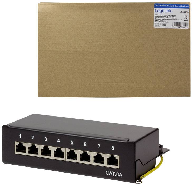 'CAT.6A Patch Panel' und 'LogiLink NP0010B' Etikett auf braunem Karton. Patchpanel mit 8 Ports, nummeriert von 1 bis 8.