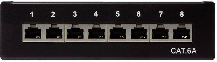 Eine schwarze Netzwerk-Patchpanel-Anschlussleiste mit acht nummerierten Ethernet-Ports, beschriftet mit 'CAT.6A'.
