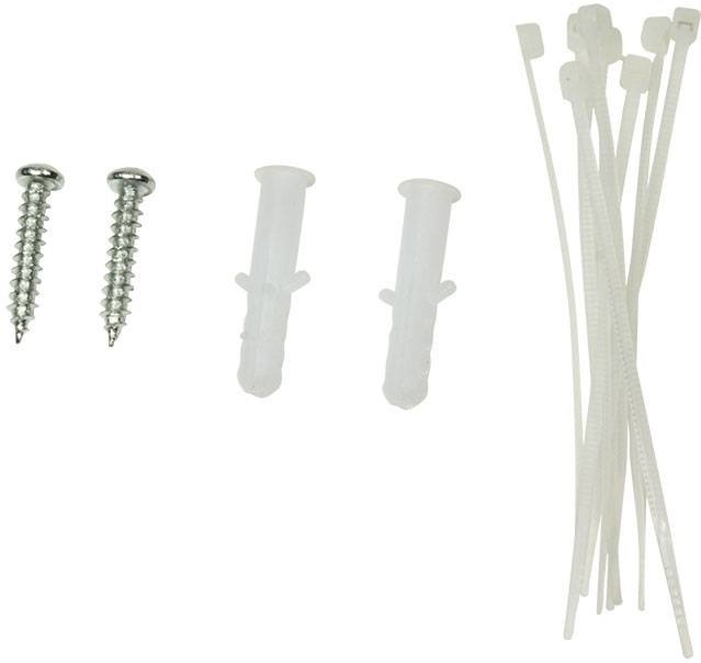 Zwei Metallschrauben, zwei Dübel und mehrere Kabelbinder auf weißem Hintergrund. Geeignet für Befestigungen und Kabelmanagement.