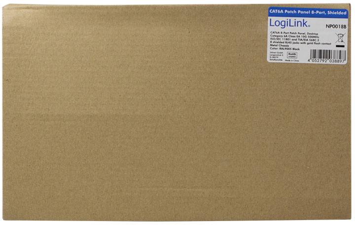 Ein brauner Karton mit einem Etikett oben rechts, auf dem 'LogiLink CAT6A Patch Panel 8-Port, Shielded' steht.