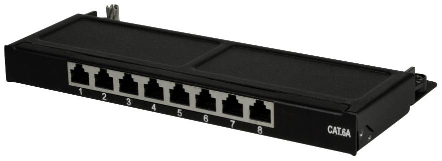 Patchpanel mit 8 RJ45-Anschlüssen, Kategorienummer CAT6A, in schwarz.