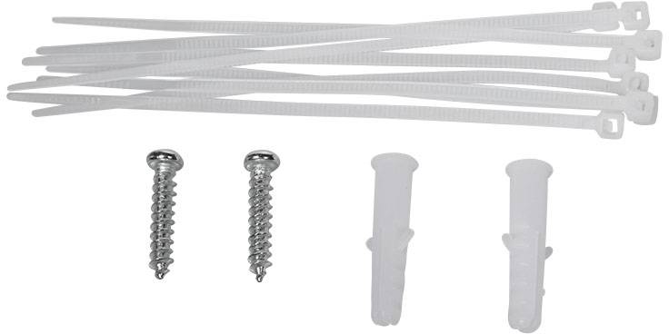 Kabelbinder, zwei Schrauben und zwei Dübel auf weißem Hintergrund.