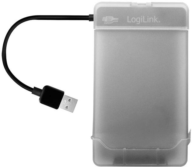 Externe Festplattenhülle mit USB-Kabel, transparentes Design, Marke LogiLink.