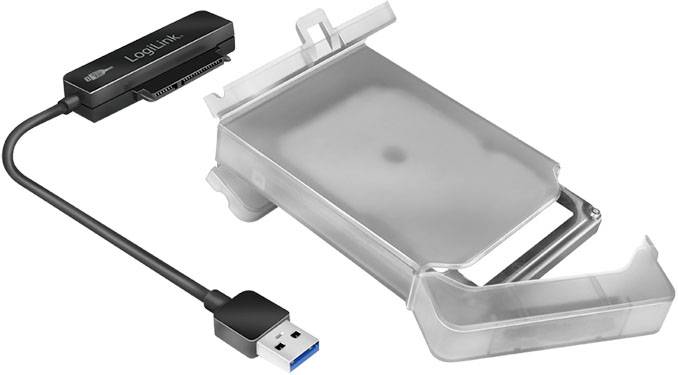 Ein externer Festplattenadapter mit USB-Anschluss und eine transparente Kunststoffbox, geeignet für den Transport und Schutz der Festplatte.